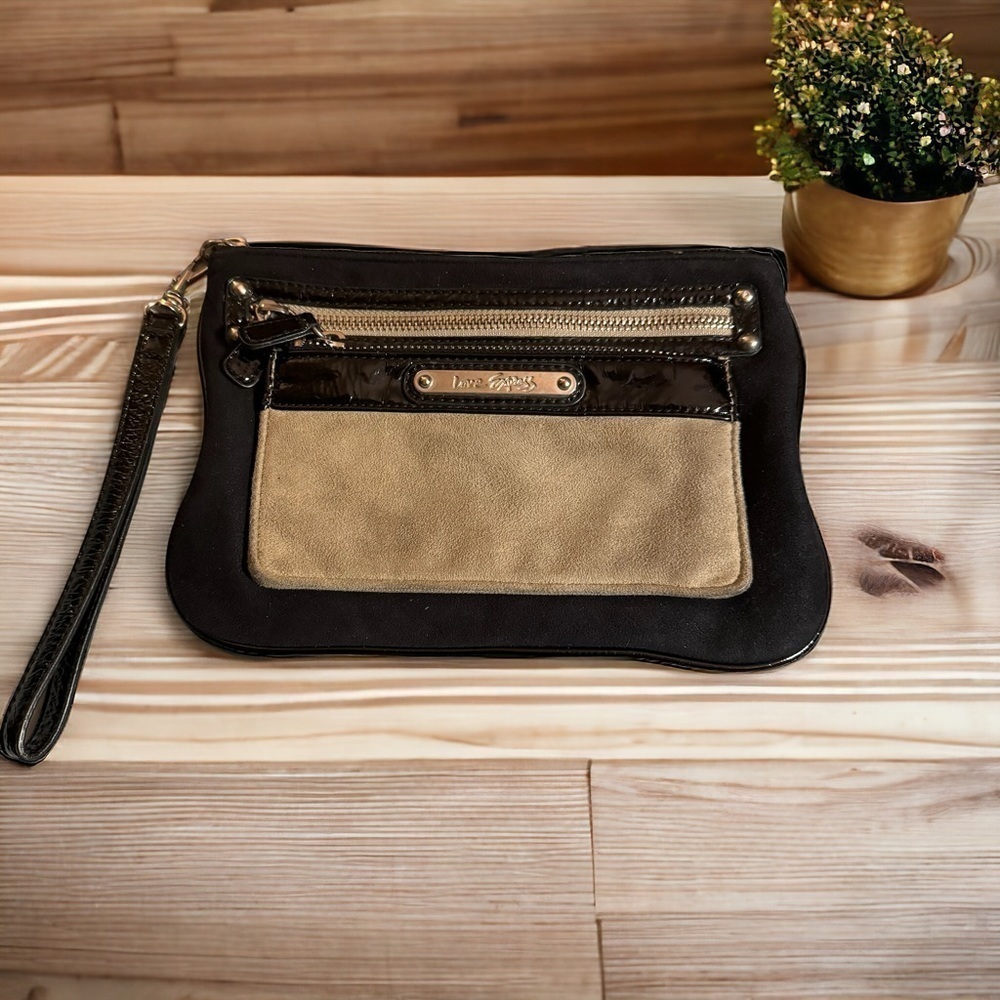 Love Express Wristlet Purse Clutch Handbag Black & Tan Suede & Patent Leather